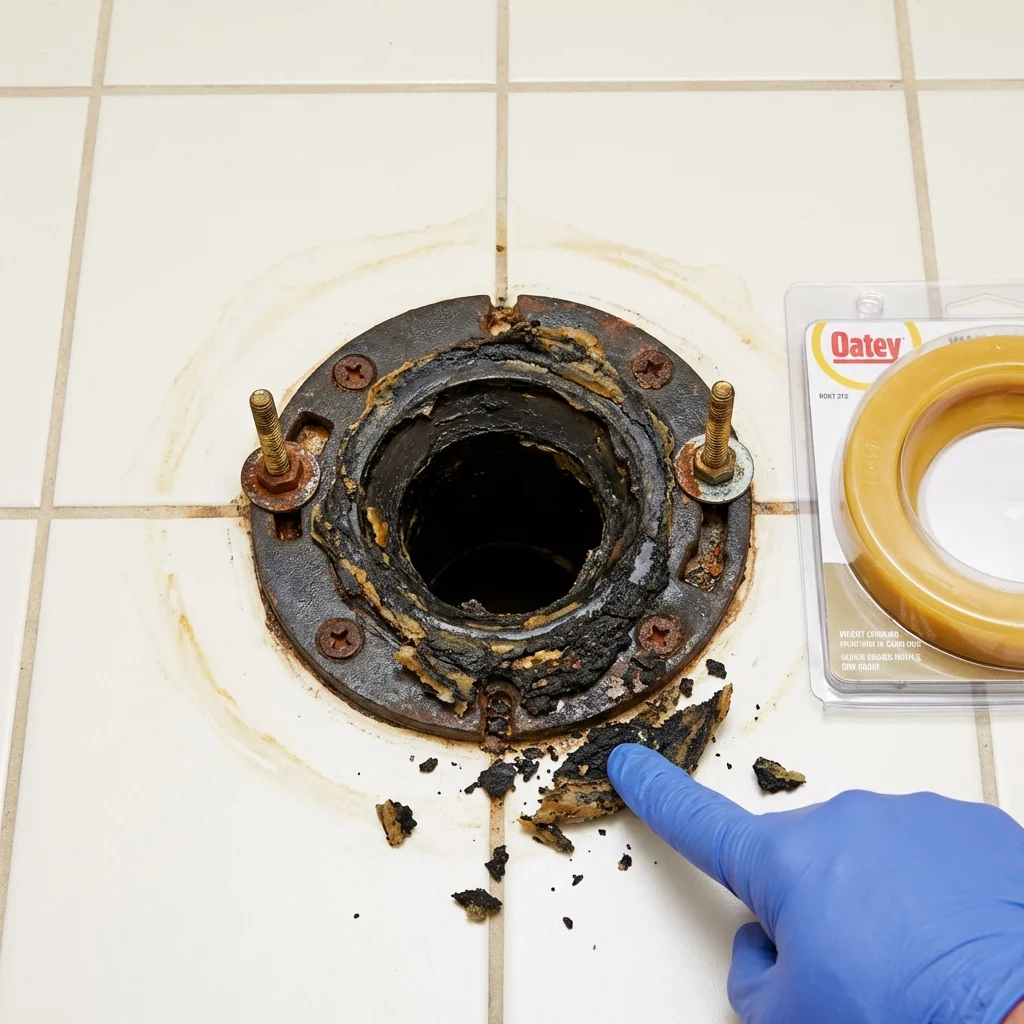 Failed wax ring showing water seepage at the base of a toilet in a Columbia, PA home