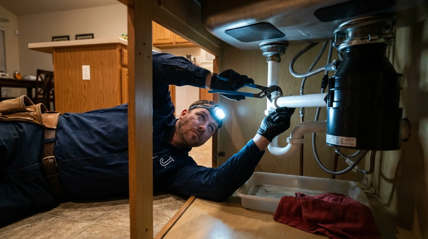 P-trap and supply line connections under a kitchen sink showing a common leak point in Columbia, PA